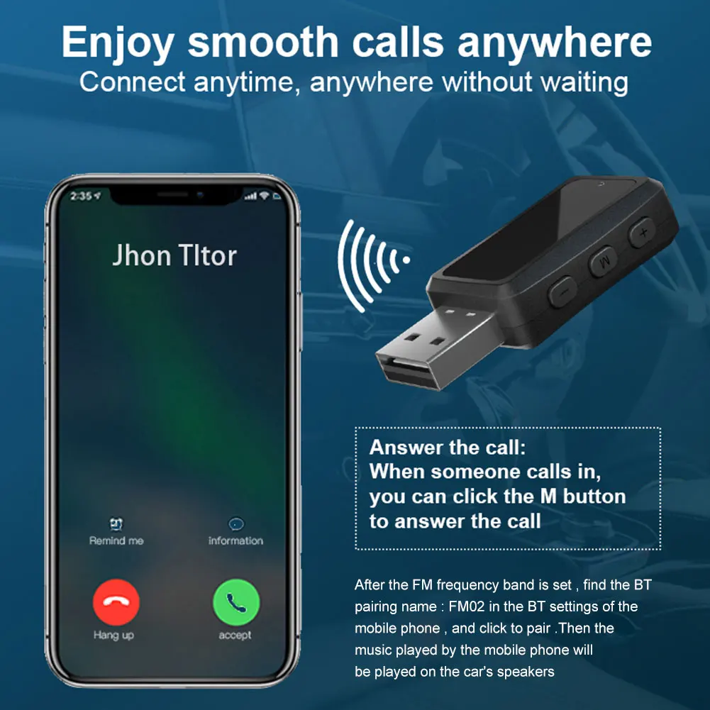FM02 USB Wireless Receiver Transmitter Dongle Handsfree Call Audio Receiver Transmitter Bluetooth-Compatible Auto Accessories