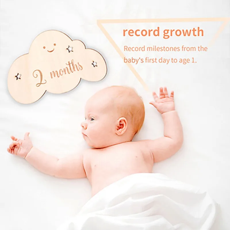 Wooden Baby Milestone 0-12 Months Baby Newborn Cartoon Cloud Shape Photography Accessories Growing Up Card Gifts For Newborns