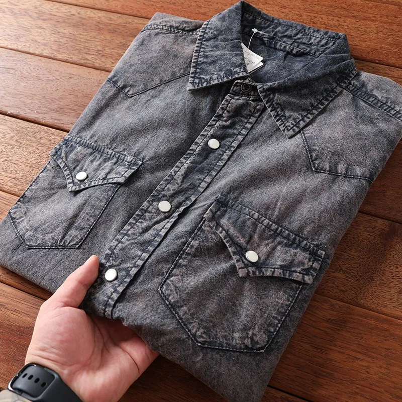 

Retro Cotton Denim Long Sleeve Shirt Men's Vintage Style Soft Luster PU Leather Fabric Standard Fit Cool Style Rainbow Pattern