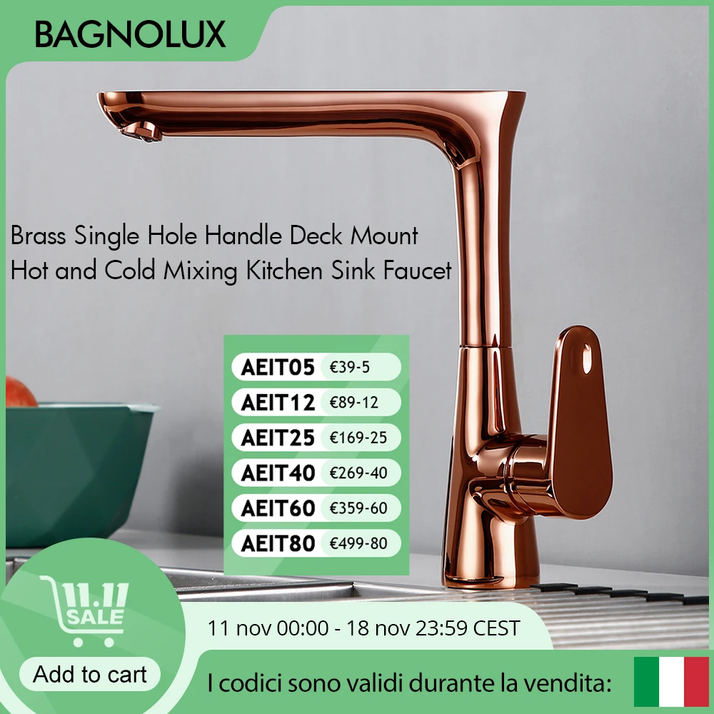 

Bagnolux Polished Rose Gold Brass Single Hole Handle Deck Mounted Hot And Cold Mixing Kitchen Sink Faucet