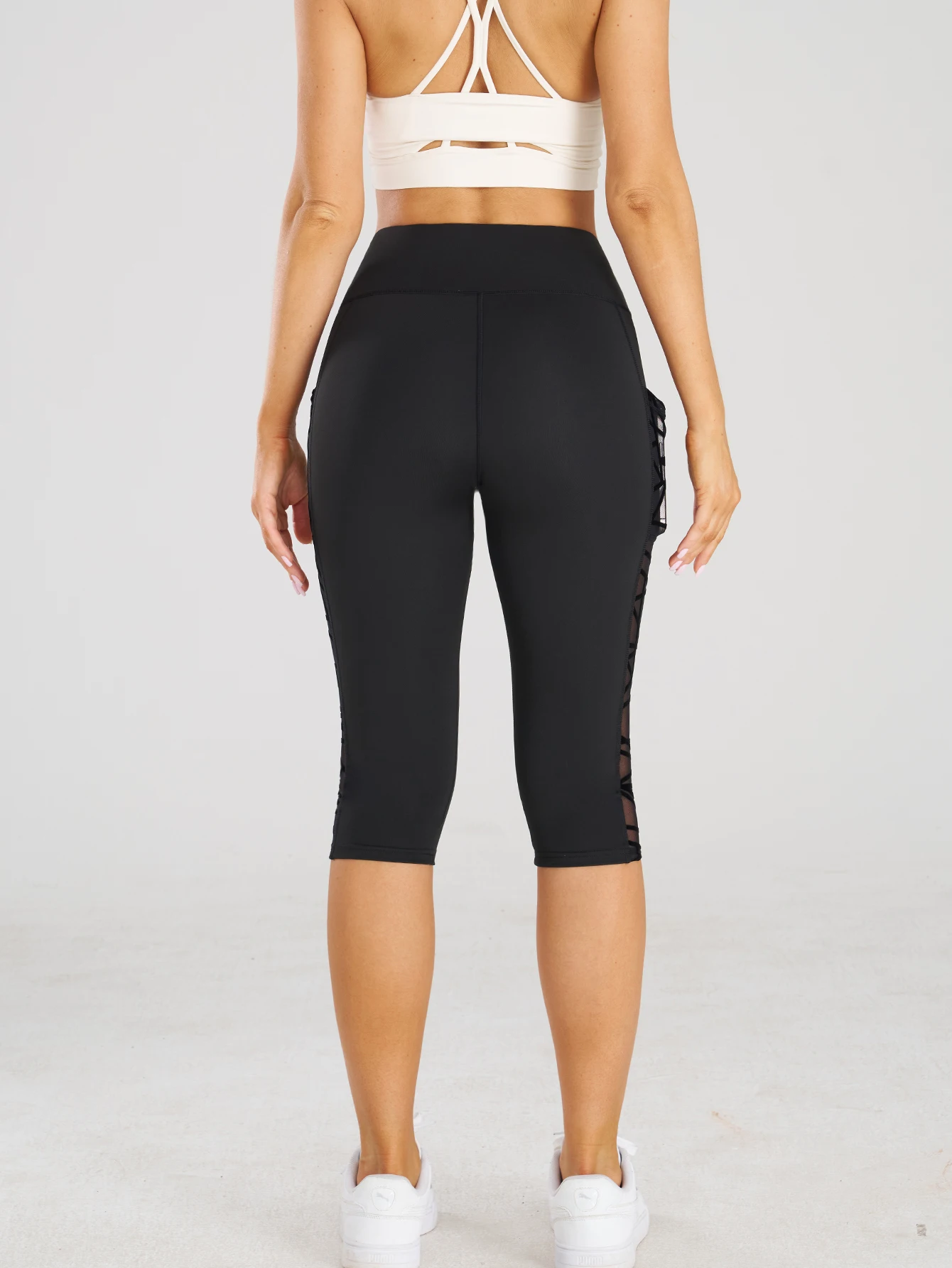 Hohe Taille Yoga Crop Hosen Leggings mit Taschen Sport Fitness Casual enge Yoga Hosen Side Cross Mesh Stitch Capri Leggings – Detail 8