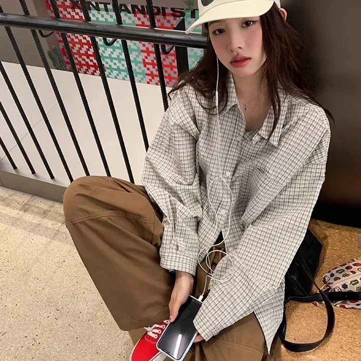 

Women's Loose Long Sve irt Pleated Texture Plaid Pattern Summer Outerwear Casual Draped Sle Polyester Fibre 00%