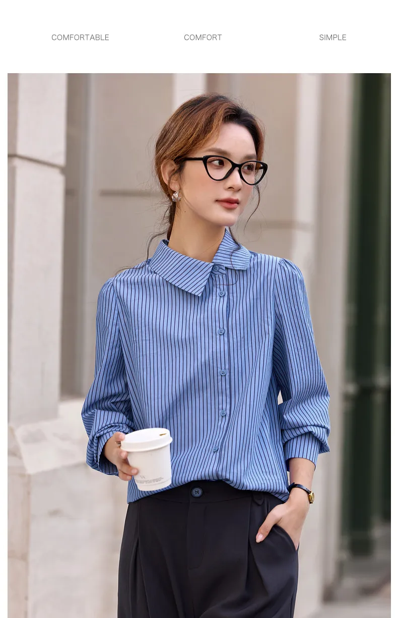 VIMLY Women's Blue Striped Shirt 2026 Spring New Irregular Placket Turn-Down Collar Long Sleeve Top Casual Commute Shirt A3711