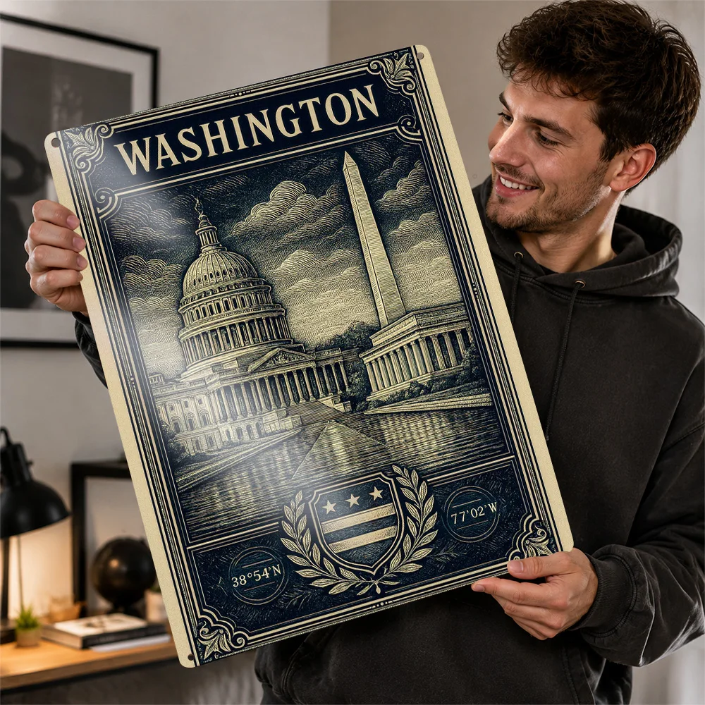 Washington D.C. Monument Illustration Textured Poster Customized Metal Tin Sign Bold Scenic Destination Wall Art For Travelers