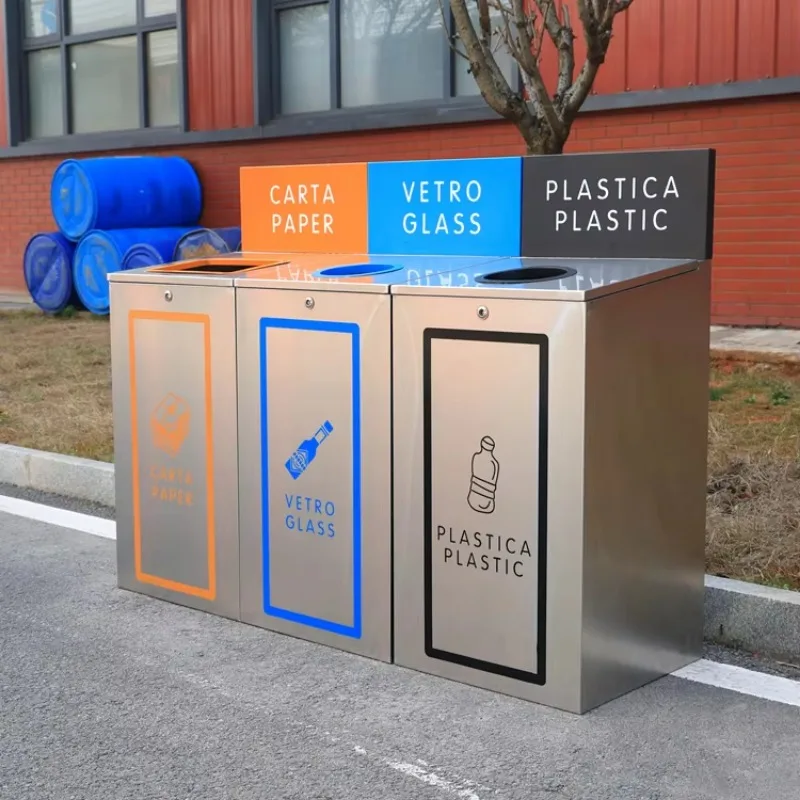 Customized Fashion Double Sorting Recycling Bin Stainless Steel Standing Trash Can Without Lid Street Garbage Storage Bucket