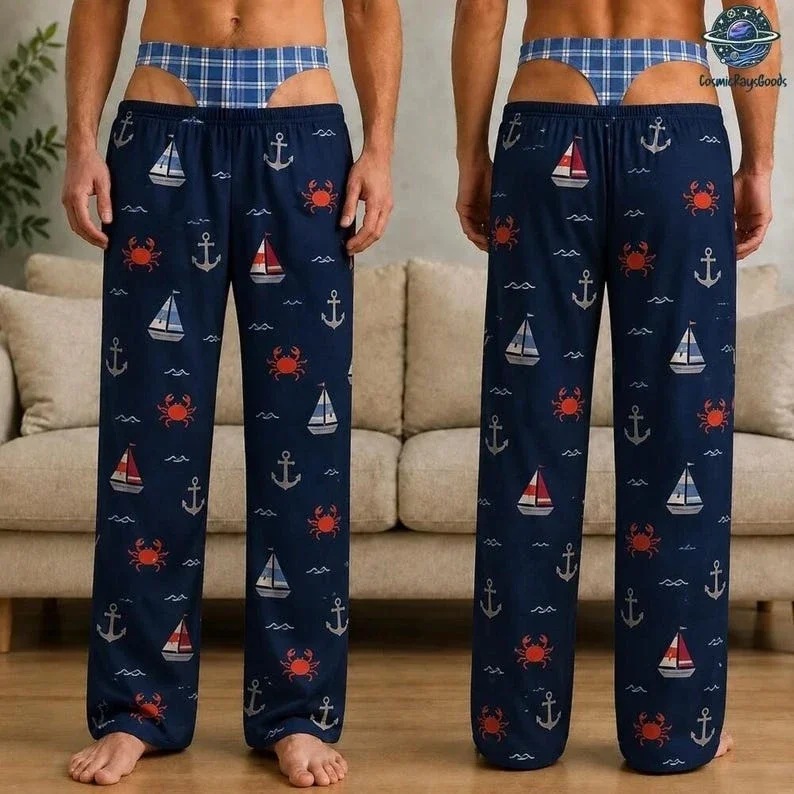 Funny Men Nautical Pajama Pants Sailboat Crab Anchor Sea Wave Print Fake Thong Cutout Elastic Waist Loose Wide Leg Trousers