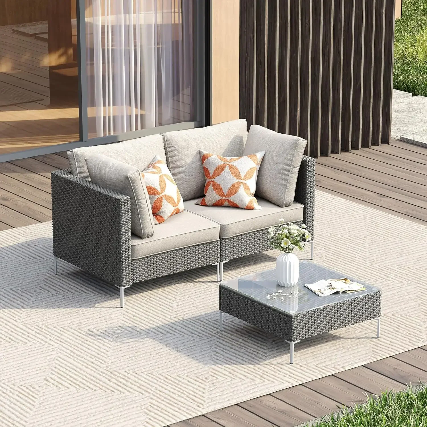 

3 Pcs Patio Conversation Set, Cushioned Outdoor Furniture Set for 2, Wicker Outdoor Sectional Sofa Set with Glass-top Table