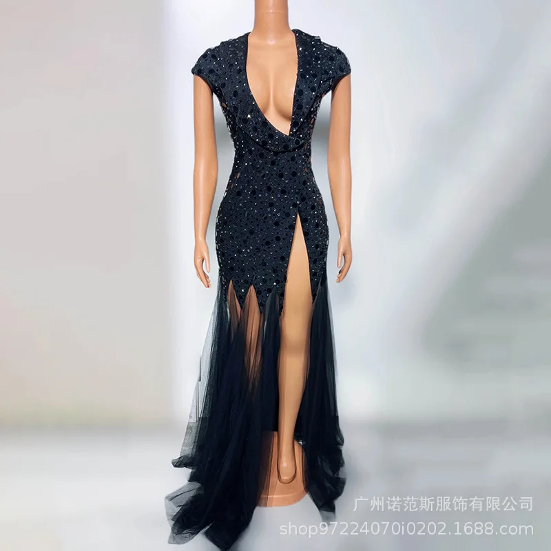 Fashion Black Mesh Slit Hip Wrap Dress Birthday High-end Evening Adult Model Catwalk Trendy Dress Maxi Dresses For Wedding Guest
