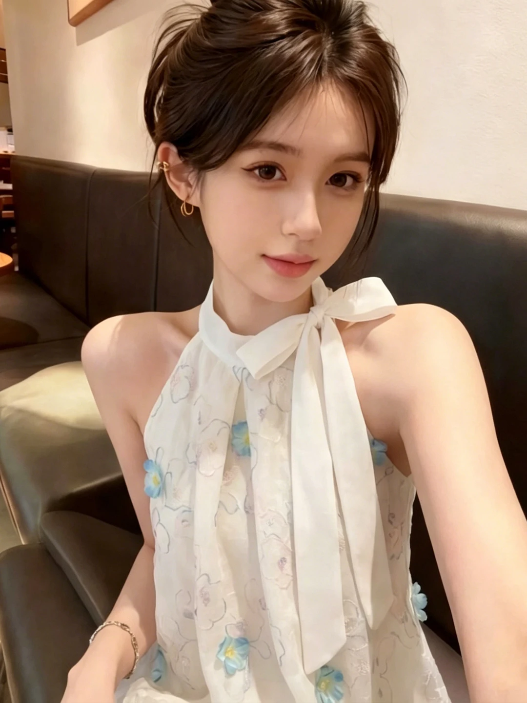 

Pure Desire Embroidered Floral Halter Neck Vest Women's Summer Belted Knot Tunic Top Korean Style Slim Fit Midi Length