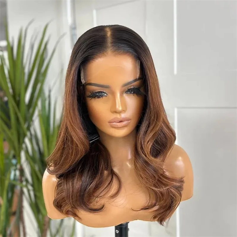 Preplucked Hairline Short Wave Bob 13x4 Ombre Warm Brown HD Lace Front Wig Synthetic Hair Wig for Women Heat Resistant Fiber