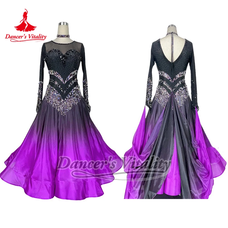 Adult Waltz Competition Perform Outfit Women Ballroom Dance Black-purple Gradient Color Pearl Silk Long Sleeves Dress Customize