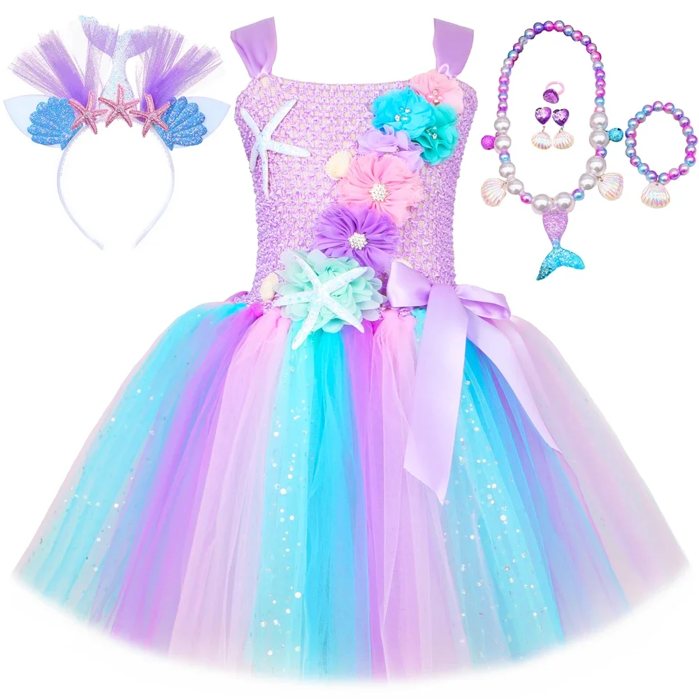 Princess Mermaid Dress for Girls Pastel Flowers Birthday Party Tutu Dresses Halloween Little Mermaid Costume for Kids Clothes