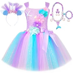 Princess Mermaid Dress for Girls Pastel Flowers Birthday Party Tutu Dresses Halloween Little Mermaid Costume for Kids Clothes