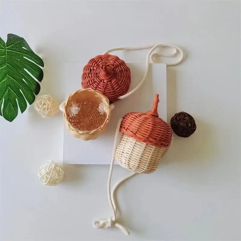 Mini sac à main en rotin tissé pour enfants, sacs à bandoulière en paille, pochette pour tout-petits, portefeuille Kawaii, poudres de pièces de monnaie, mignon, bébé garçon, fille