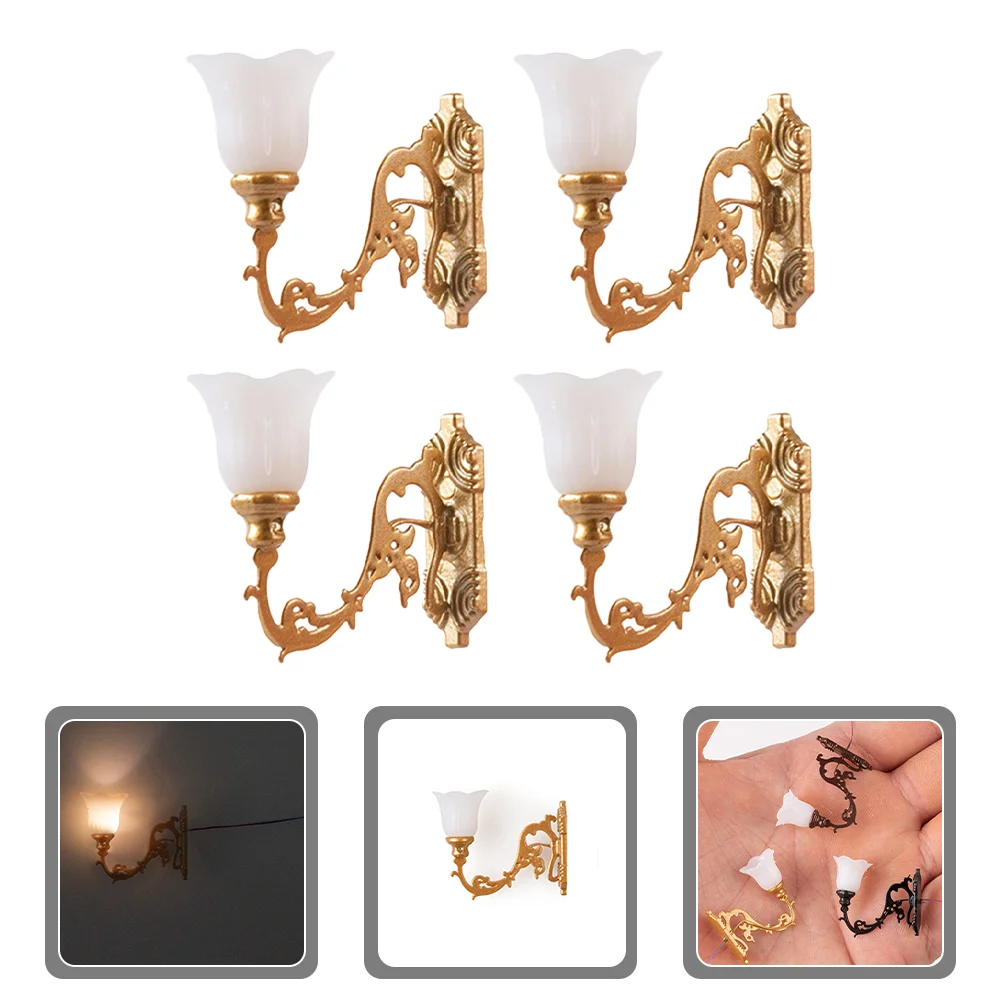 4 Pcs Lamp Decor Dollhouse Wall Light Mini Retro Sand Table Materials LED Lights Miniatures Black Abs