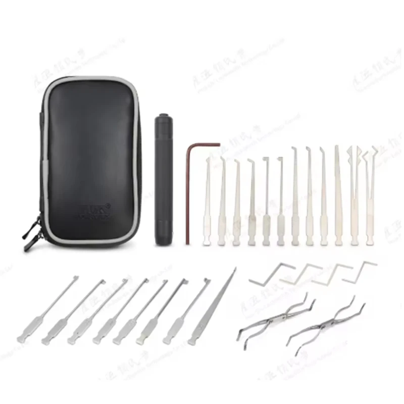 HUK 20 Pieces Civil Stainless steel Tool Canvas Bag With Zipper Set LED double light for Locksmith Supplies