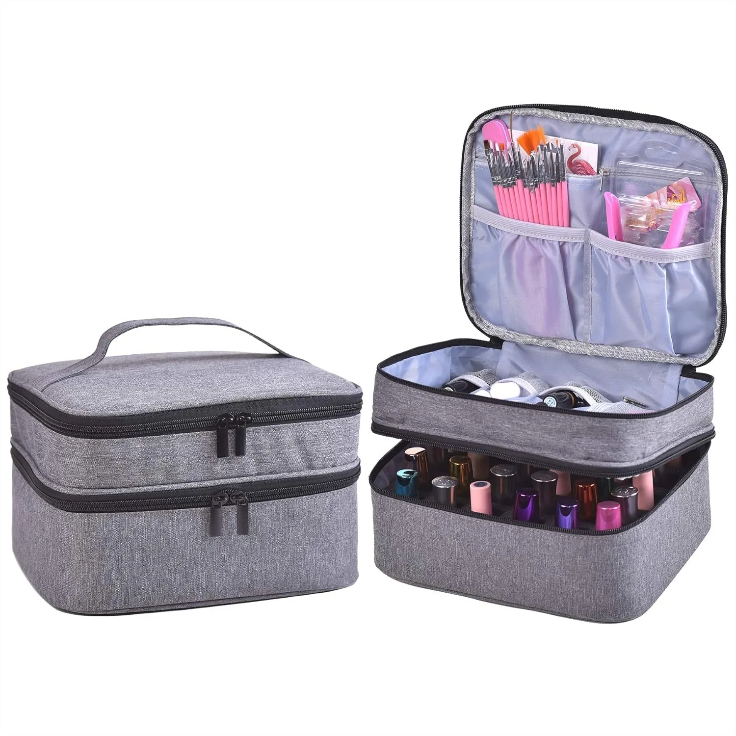 

Nail Polish Organizer Holds 30 Bottles, Double-Layer Nail Supply Storage Bag with Handle, Heavy-Duty Nylon Travel Case for