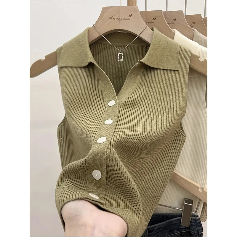 2026 New Summer Women Fashion Casual Turndown Collar Sleeveless Knitted Camisole Single Breasted Solid Color Vest Tops Outfits