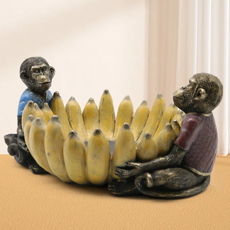 Monkey Banana Tray Artificial Animal Sculpture Desktop Storage Tray Fruit Dish Jewelry Plate Resin Handicraft Home Decoration