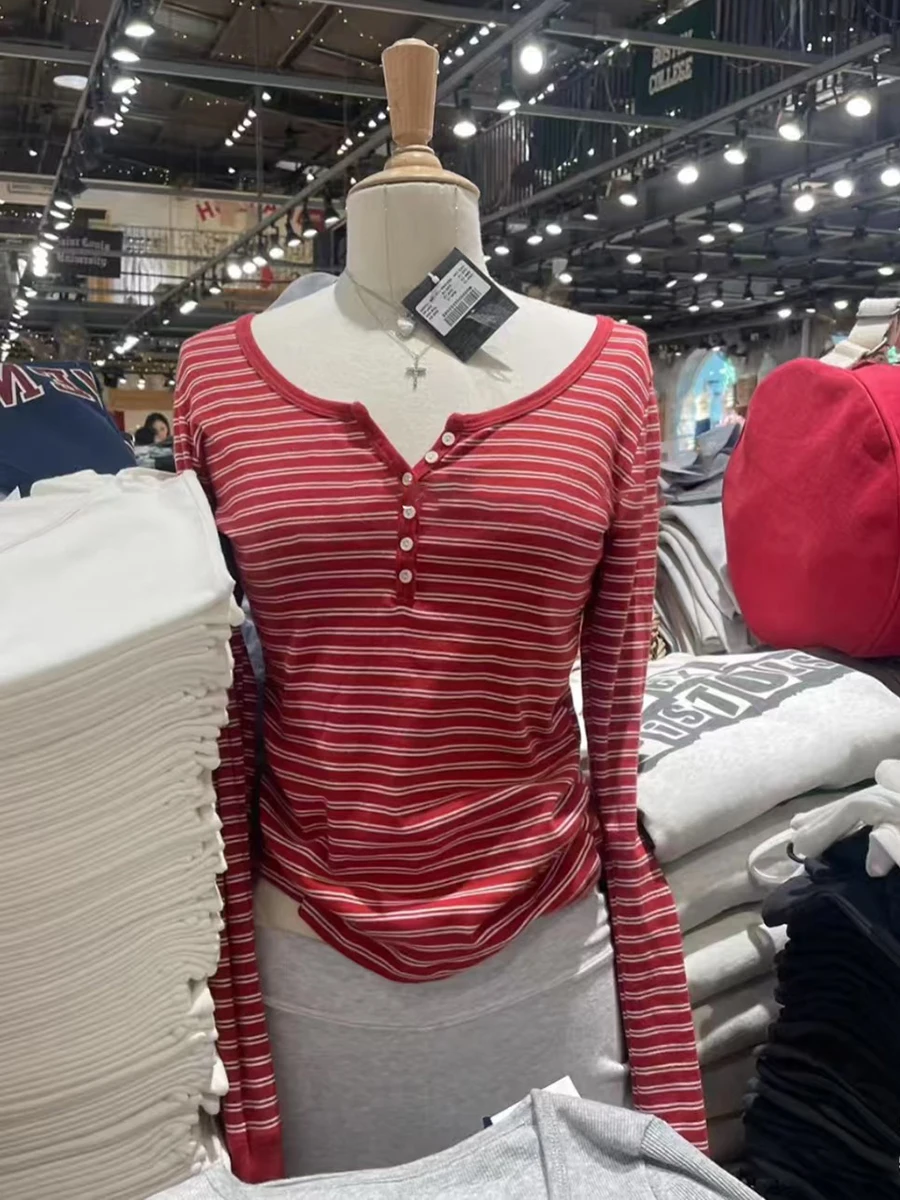 Striped Contrast Long Sleeve T-shirt Women Buttons Scoop Neck Slim Cotton Tee Shirt Vintage Chic Preppy Style Tops Tees Y2k New