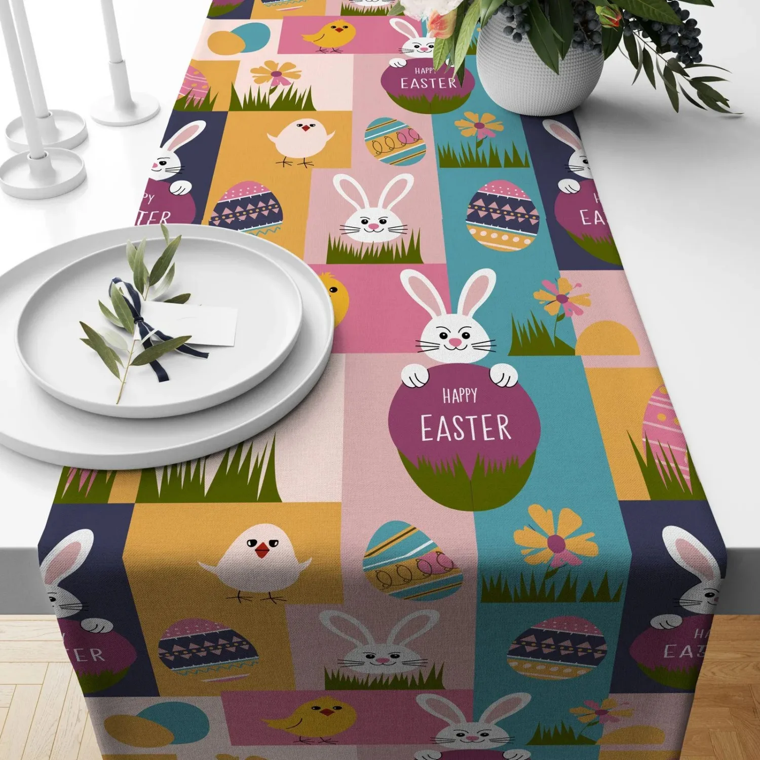 Cute Easter Bunny Table Runner, Pastel Spring Decor, Happy Egg Print, Whimsical Holiday Dining, Festive Kitchen Linen