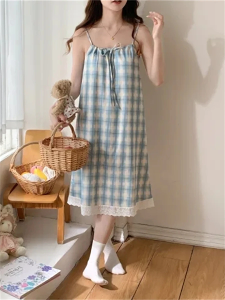 

5133 Корейская ночная рубашка Ins Sweet Blue в клетку, женская летняя милая ночная рубашка с кукольным воротником и кружевным краем, популярная