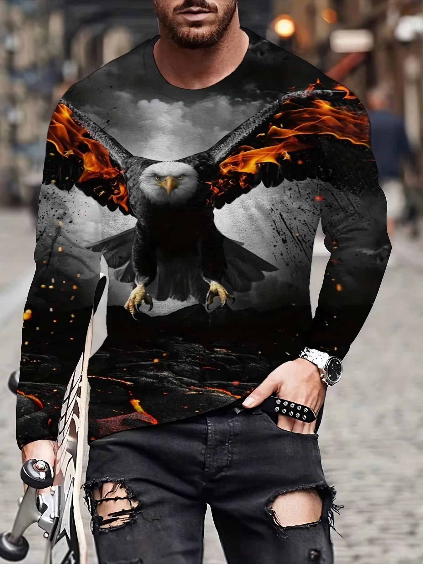 

Men's casual comfortable long sleeve t-shirt fall men's eagle pattern clothing men