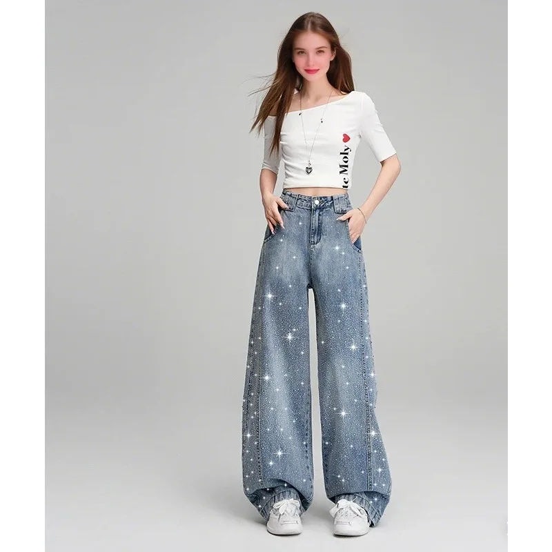 

Женские джинсы в стиле Y2k, блестящие широкие брюки с декоративными элементами, свободные брюки для женщин, весенний тренд, джинсовая ткань