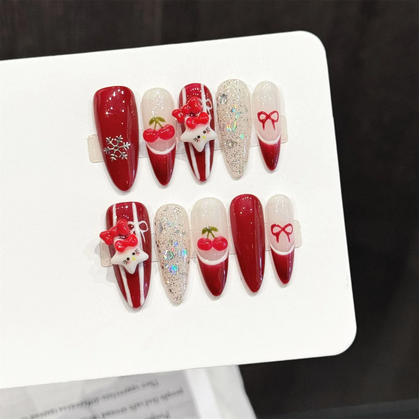 

10pcs Handmade French Style Fake Nails Red Almond New Year Wearable False Nails With Cherry Bowknots Star Designs Press On Nail