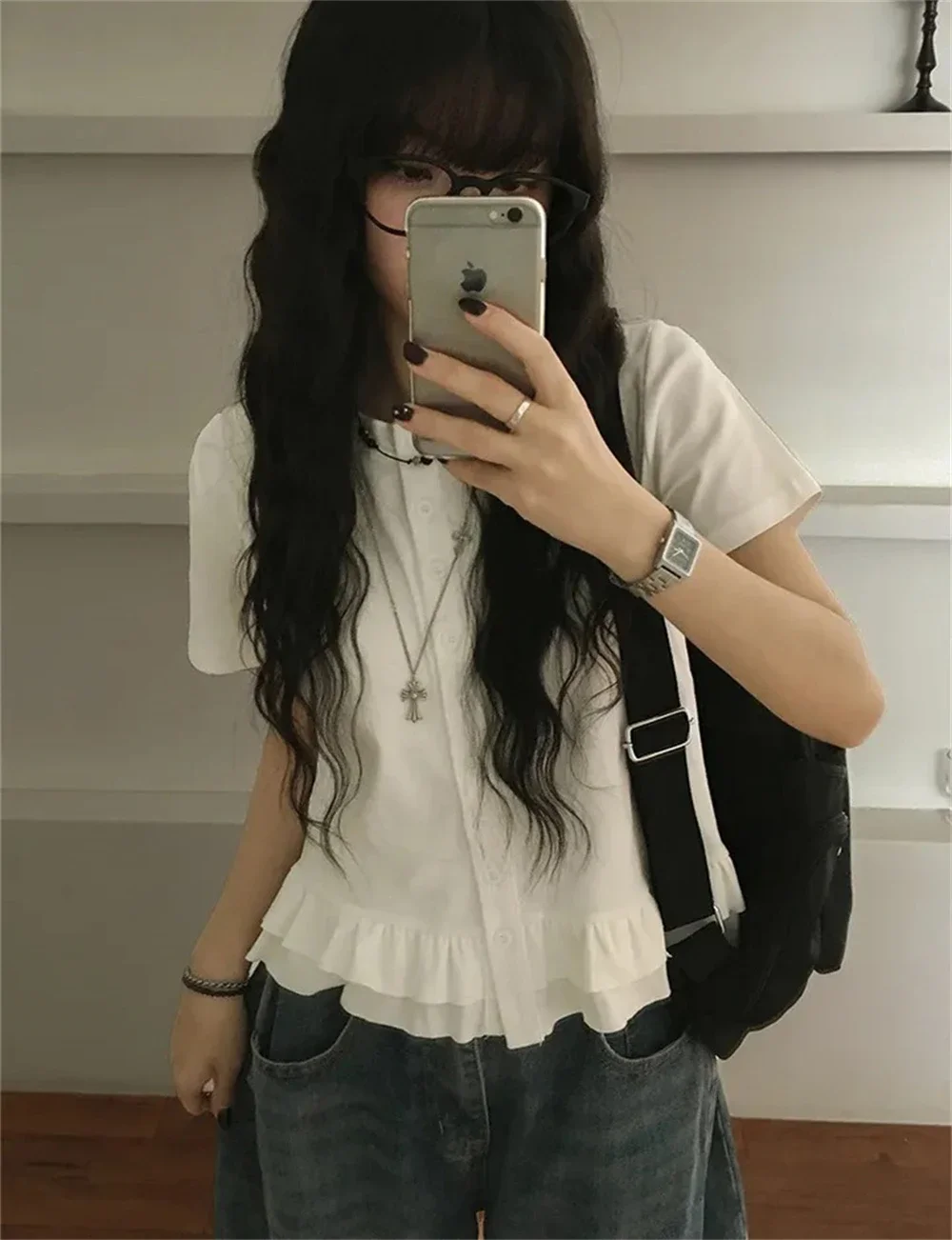 Casual Solid Y2k Top Women O Neck Single Breasted Spliced Ruffle Hem T Shirt Summer 2025 New Fashion Design T Shirts