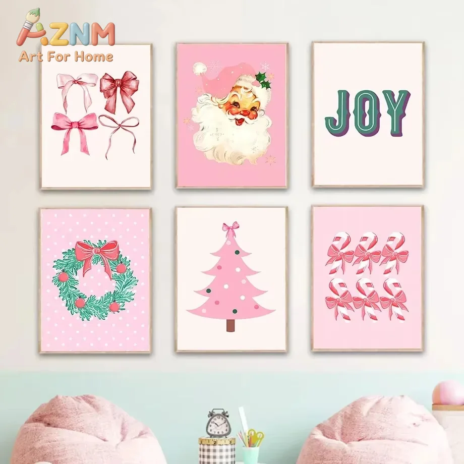 1PC Pink Christmas Tree Santa Claus Merry Bright Joy Quotes Minimalist Wall Print Canvas Painting Posters for Home Decor