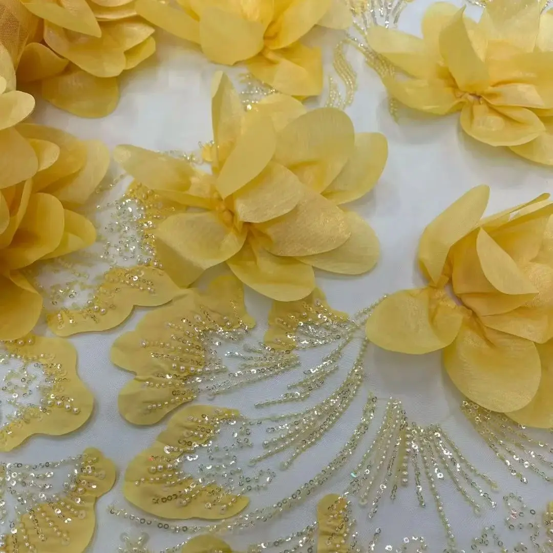 

2026 Yellow African 3D Flower Lace Fabric Embroidery Applique Lace Fabric Sequins Beaded Nigerian Tulle For Party Women Dresses