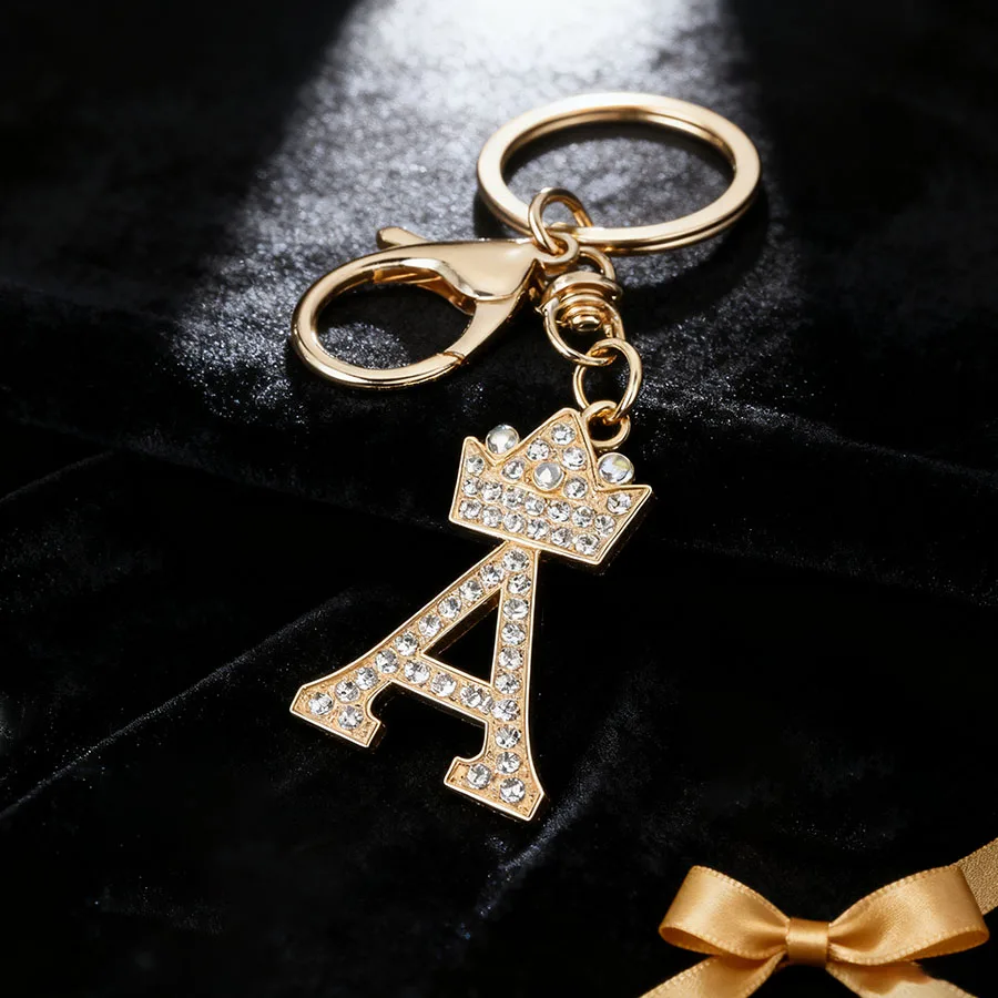 Krone Buchstabe Schlüsselanhänger Alphabet Anhänger Kristall Initiale Hängetasche Schlüsselanhänger Bling Charm Frauen Geschenke Strass Accessoire