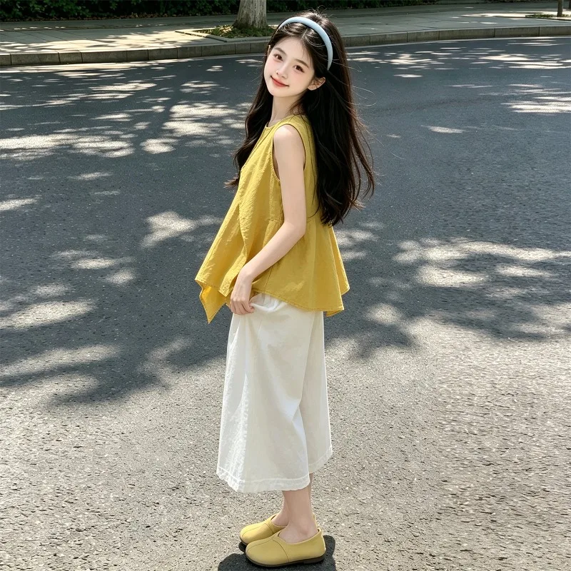 Children Clothes Girls Summer 2026 Sleeveless Irregular Tops and White Wide Leg Cropped Pants Casual Loose Comfortable