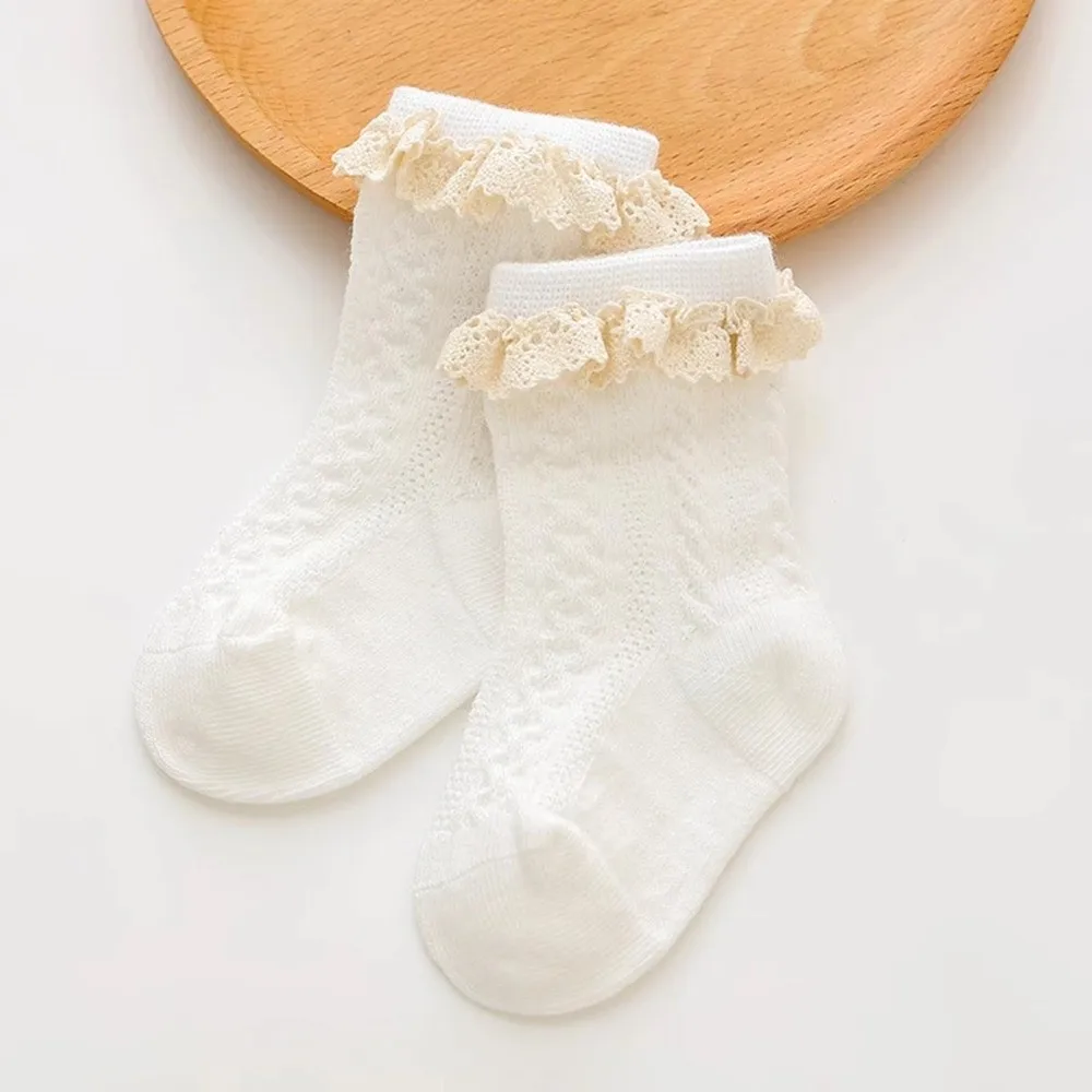 Lace Ruffle Trim Princess Socks Soft Cotton Breathable Mesh Toddler Mid Tube Socks Non Slip Infant Cotton Socks