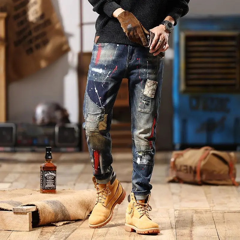 Korean men\'s embroidered patchwork with printed patterns on men\'s jeans patch ripped splashed ink cool demin jeans fall guys