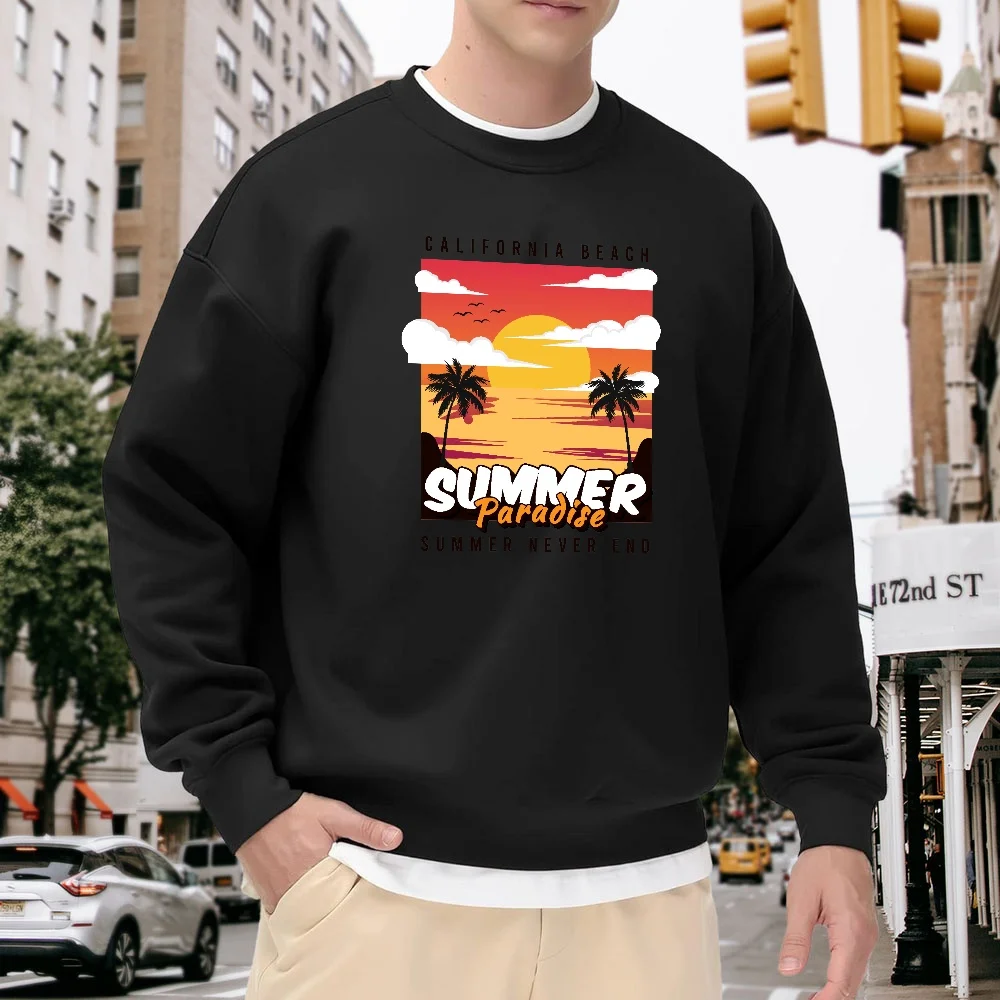 

Men's Black Crew Neck Loose Sweatshirt with California Beach Sunset Print, Casual Street Style, Trendy and Versatile, Comfortable for Everyday Wear