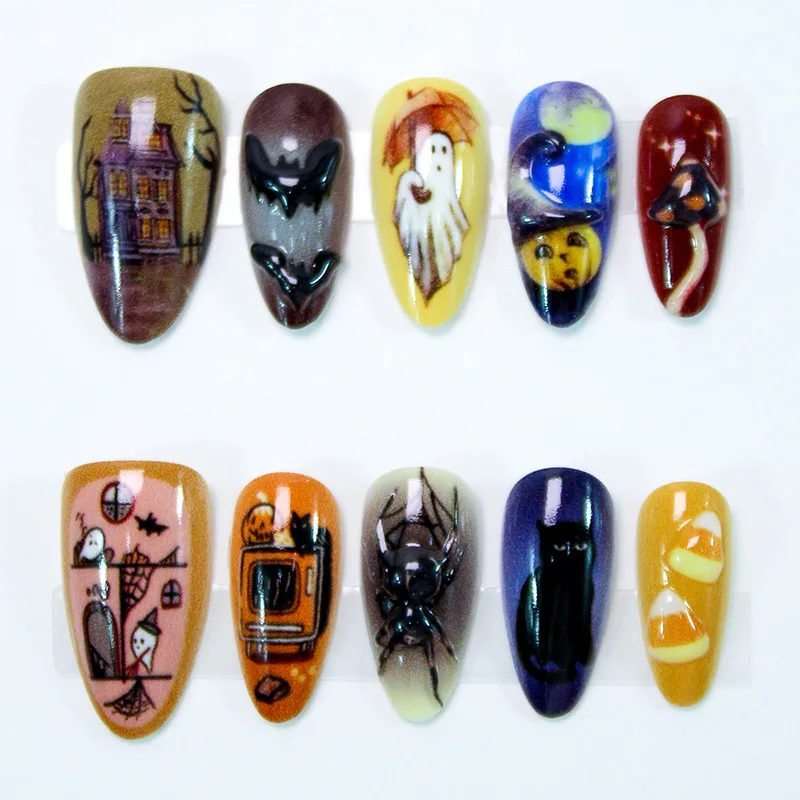 

30 pieces of Halloween almond boutique wearing armor 3D three-dimensional spider bat pumpkin mushroom manicure nails
