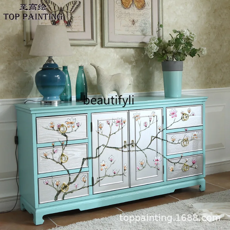 Furniture Entrance Sideboard Cabinet Solid Wood Painted European Style Six Drawers Two Doors Partition Cabinet for Homestay