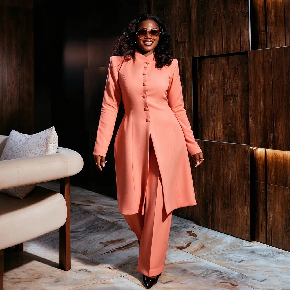 Elegant Women's Suits Smart Casual Single Breasted Long Blazer 2 Piece Set Jacket+Wide Leg Pants Female Outfits Customized