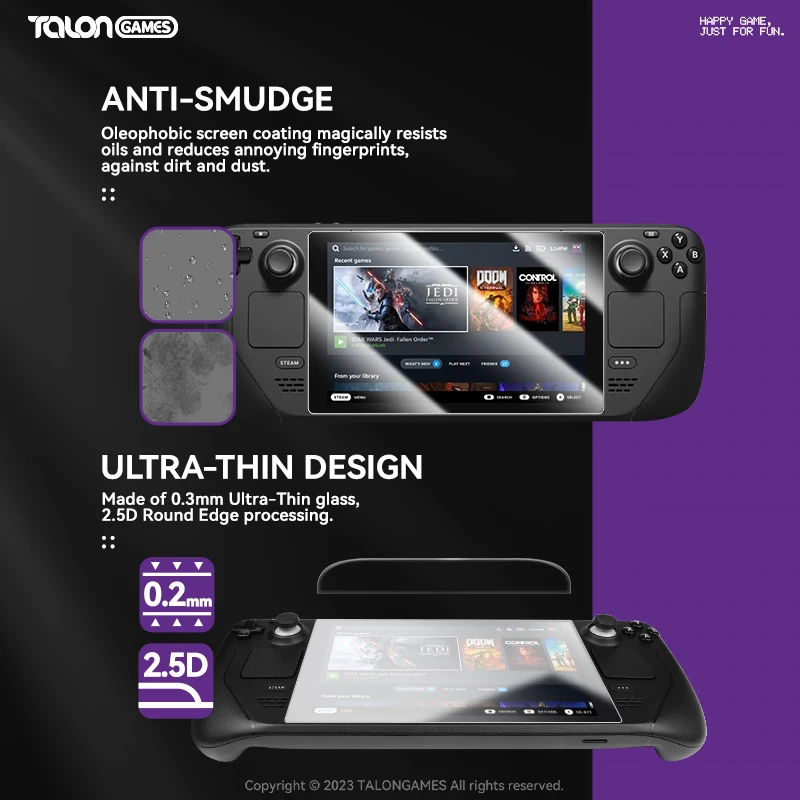 Talongames ฟิล์มป้องกันหน้าจอ0.2มม. 2ชิ้นสำหรับเด็ควาล์วไอน้ำ/เกมคอนโซลโอแอลฟิล์มกระจกนิรภัย9H