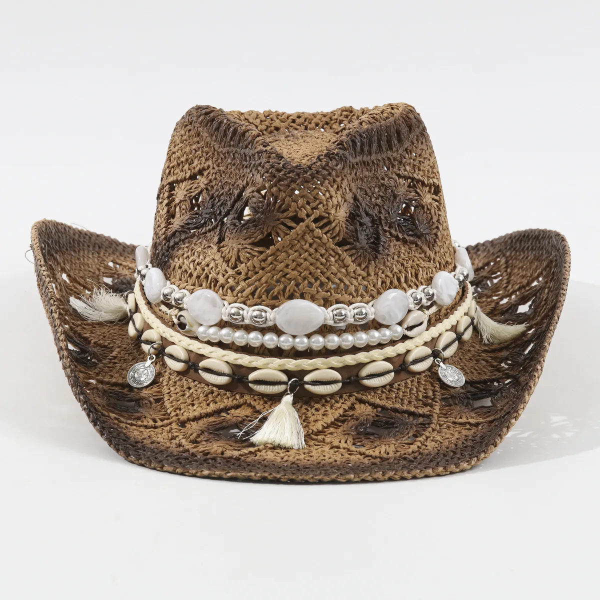 Hollow Denim Cowboy Hat with Shell Decor, Handmade Malan Flower Curved Brim Sun Cap, Outdoor Party Straw Hat Cross Border