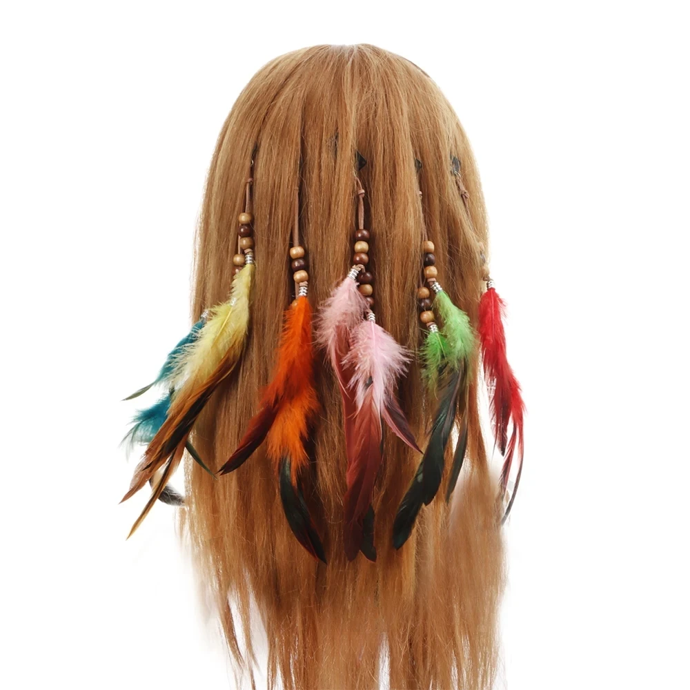 New Fashion personality Boho Colorful Feather Hair Clip for Women Indian Hippie Headpieces Feather Hair Rope Headband Headwear