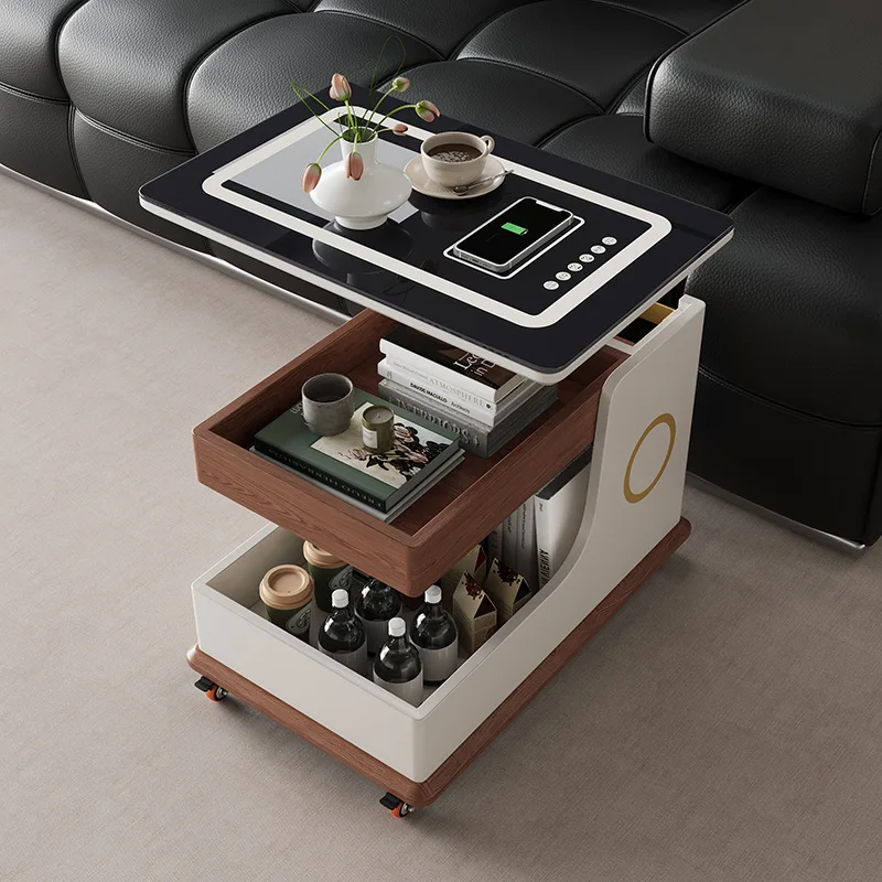 Multifunctional Coffee Table 360 Movable with Wireless Charging Storage Side Few Bluetooth Stereo Side