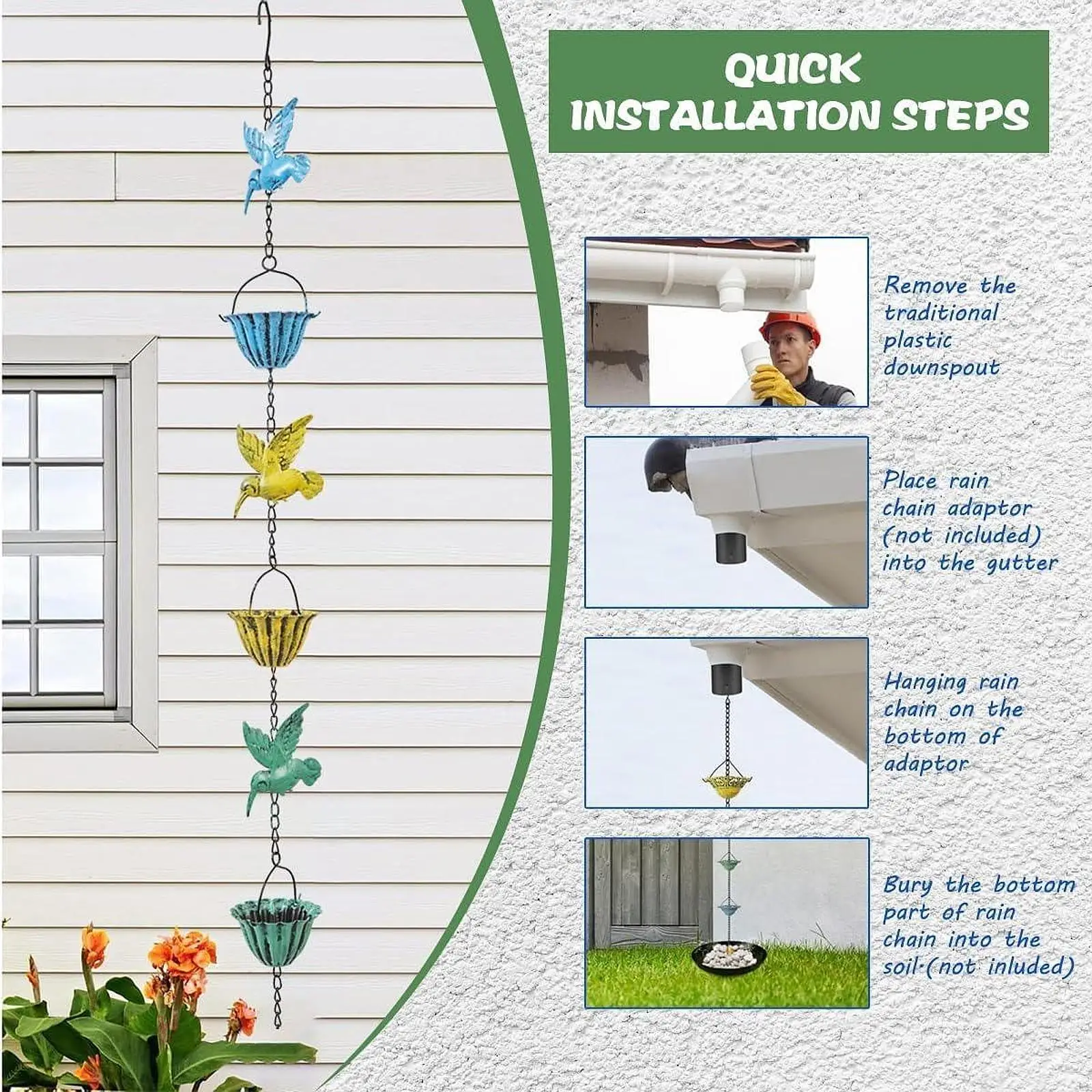 Outdoor Rain Chain Birds on Cups Vintage 2.4M Decorative Multifunction Rainwater Catcher Chain for Outside Awnings Farmhouse
