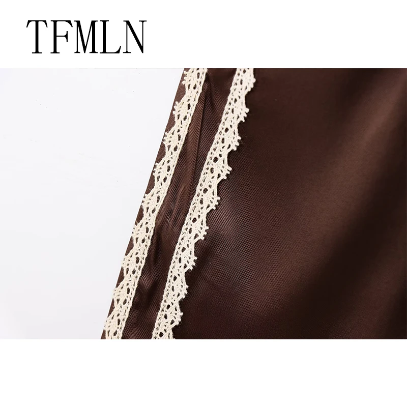 TFMLN 여성 새 여름 실크 레이스 반바지 팬티 모조 프릴 블루머 안티 노출 바지 로리타 새틴 속옷 반바지 드레스