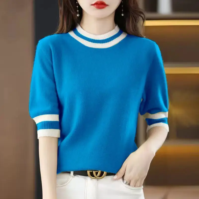 

Korean Fashion Women Clothing Half Sleeve Sweaters Spring Summer New O-Neck Contrast Color Knitted Loose All-match Basic Tops