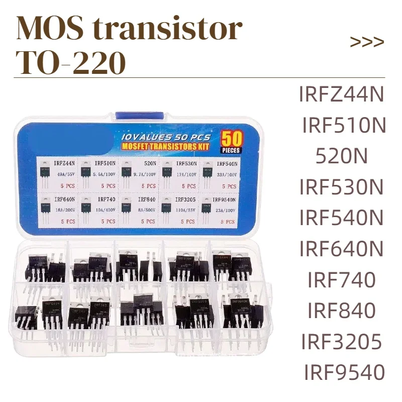 50 peças para-220 kit mos transistor ic kit irfz44n irf510n 520n irf530n irf540n irf640n irf740 irf840 irf3205 irf9540