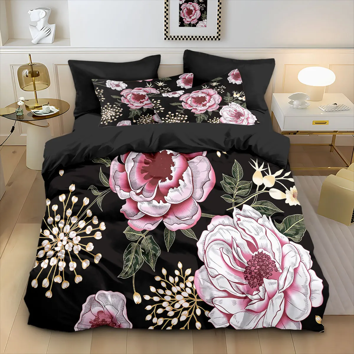 Flowers Bedding Set 3D Print Soft Duvet Cover for Home Bedroom Dormitory Decoration, 1 Duvet Cover and 2pillowcase with Zipper