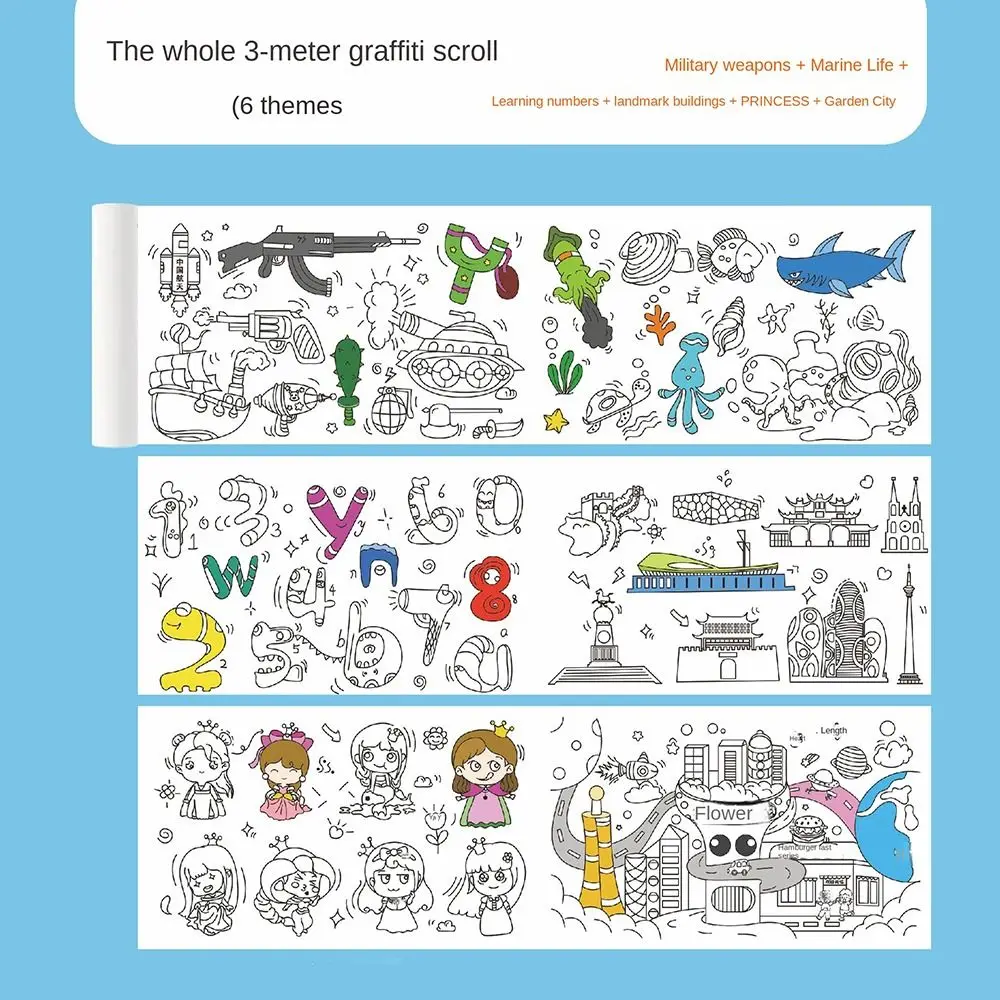 Jouets de coloriage autocollant de dessin, papier de remplissage de document d'art de gouache, rouleau de dessin pour enfants, autocollant de coloriage vierge, papier d'interconnexion